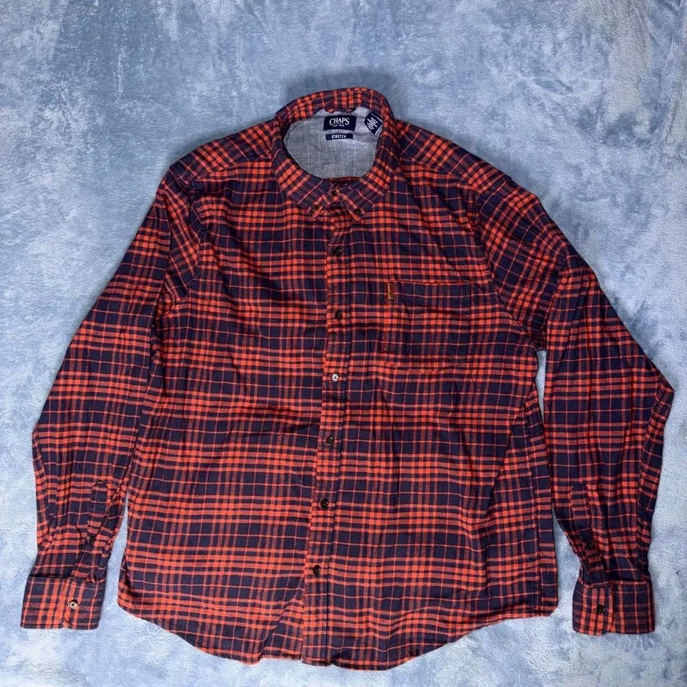 Chaps red and dark blue plaid button up shirt men